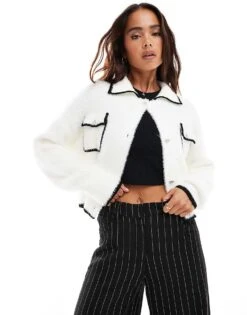 Miss Selfridge Lash Detail Tipped Button Through Collar Cardigan In Cream For Women