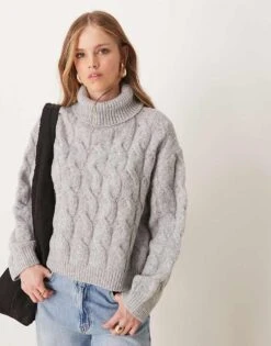 Miss Selfridge Cable High Neck Cosy Knit Jumper In Charcoal Marl For Women