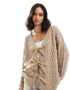 Miss Selfridge Cable Longerline Cardigan With Velvet Bow Detail In Camel For Women