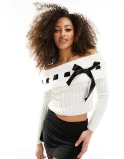 Miss Selfridge Ribbon Detail Bardot Knitted Jumper For Women Cream