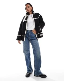 Miss Selfridge Borg Aviator Jacket In Black For Women