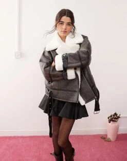 Miss Selfridge Distressed Faux Leather Contrast Aviator Jacket In Black For Women Brown