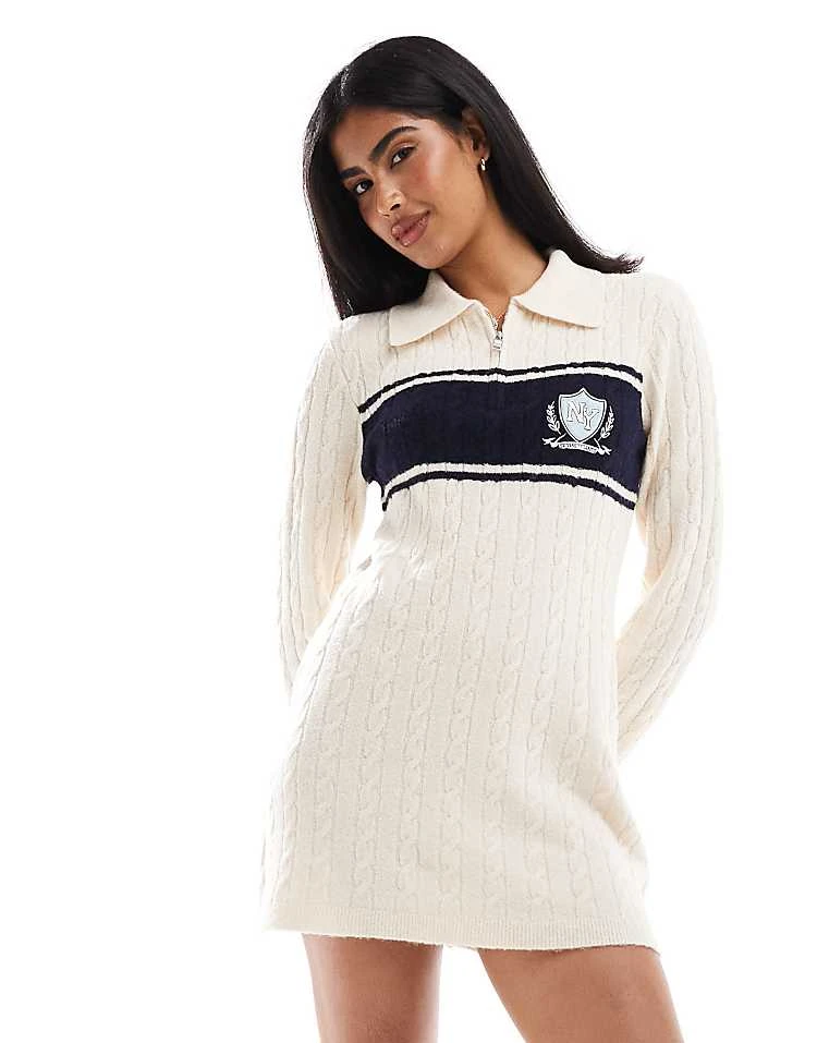 Miss Selfridge Zip Detail Varsity Polo Collar Knitted Mini Dress In Cream For Women - Image 5