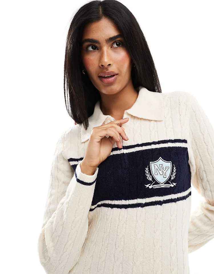 Miss Selfridge Zip Detail Varsity Polo Collar Knitted Mini Dress In Cream For Women - Image 3