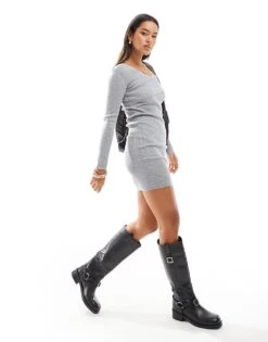 Miss Selfridge Asym Cosy Rib Knit Mini Dress In Grey Marl For Women