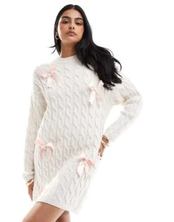 Miss Selfridge Satin Bow Detail Knitted Mini Dress In Oatmeal For Women