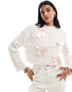 Miss Selfridge Satin Bow Detail Knitted Jumper In Oatmeal For Women