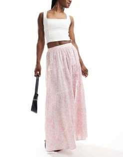 Miss Selfridge Button Detail Tiered Maxi Skirt In Pink Floral For Women