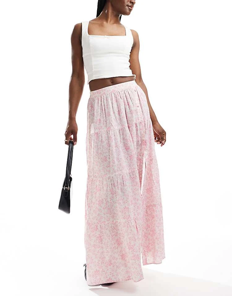 Miss Selfridge Button Detail Tiered Maxi Skirt In Pink Floral For Women