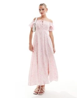 Miss Selfridge Petite Puff Sleeve Bardot Maxi Dress In Pink Floral For Women
