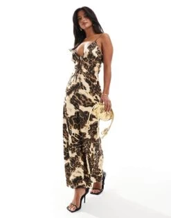 Miss Selfridge Petite Satin Tie Front Maxi Slip Dress In Animal Print For Women