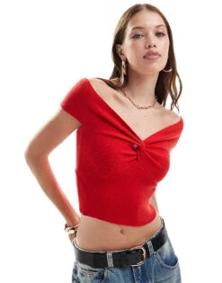 Miss Selfridge Knit Rib Twist Front Short Sleeve Bardot Top In Red For Women