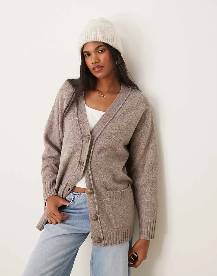 Miss Selfridge Mid Length Cardigan With Seam Detail In Mushroom For Women - Image 5