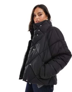 Miss Selfridge Oversized Quilted Funnel Neck Crop Puffer Jacket In Black For Women