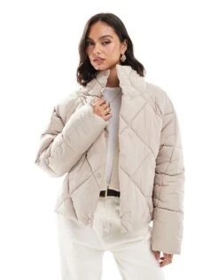 Miss Selfridge Oversized Quilted Funnel Neck Crop Puffer Jacket In Mushroom For Women