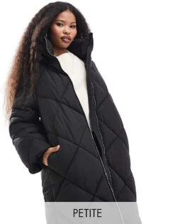Miss Selfridge Petite Quilted Hooded Maxi Puffer Coat In Black For Women