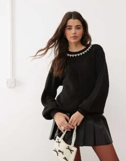 Miss Selfridge Faux Pearl And Diamante Neck Trim Cable Knit Jumper In Black For Women