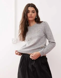 Miss Selfridge Diamante Puff Sleeve Jumper In Grey Marl For Women