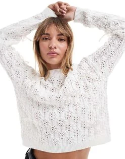 Miss Selfridge Open Stitch Faux Pearl Boxy Jumper In Cream For Women