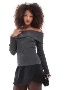 Miss Selfridge Fold Over Knit Rib Bardot In Charcoal For Women