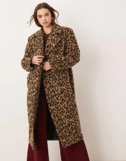 Miss Selfridge Brushed Oversized Maxi Coat In Leopard Print For Women
