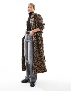 Miss Selfridge Belted Wrap Formal Coat In Leopard Print For Women