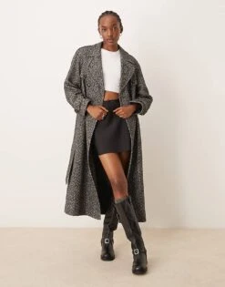 Miss Selfridge Herringbone Belted Trench Coat In Mono For Women
