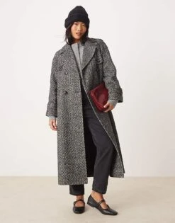 Miss Selfridge Petite Herringbone Belted Trench Coat In Mono For Women