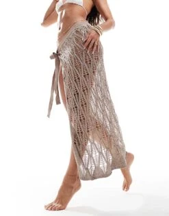 Miss Selfridge Beach Crochet Tie Side Maxi Sarong In Taupe For Women