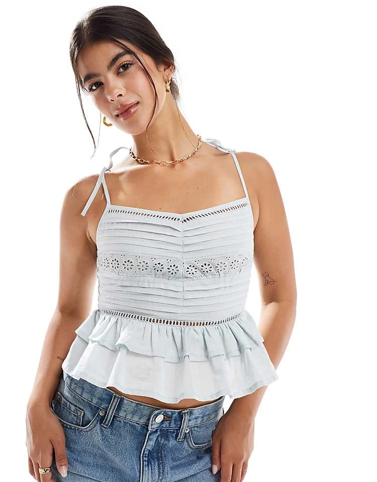 Miss Selfridge Cotton Broderie Pintuck Cami Top In Blue For Women Light Blue