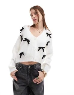 Miss Selfridge Bow Detail Cardigan In Cream With Black Bows For Women