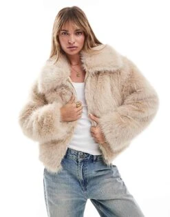 Miss Selfridge Faux Fur Bomber Jacket With Collar In Stone For Women