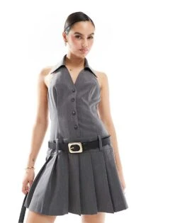 Miss Selfridge Tailored Halter Collared Flippy Mini Dress In Grey For Women
