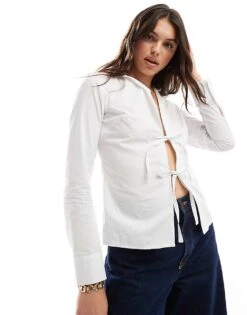 Miss Selfridge Poplin Tie Front Shirt In White For Women