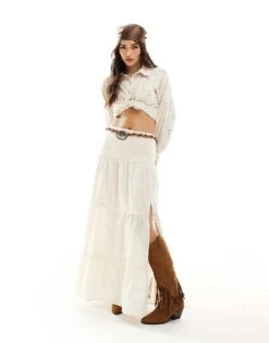 Miss Selfridge Broderie Tiered Maxi Skirt In Cream For Women