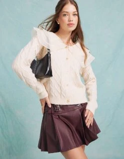 Miss Selfridge Contrast Collar Detail Cable Knit Cardigan In Cream For Women