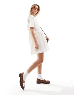 Miss Selfridge Short Sleeve T-shirt Poplin Hybrid Smock Mini Dress In Ecru For Women