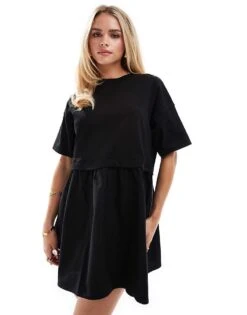 Miss Selfridge Petite Short Sleeve T-shirt Poplin Hybrid Smock Mini Dress In Black For Women