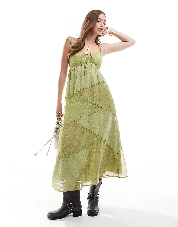Miss Selfridge Patchwork Fabric Mix Maxi Slip Dress In Green For Women