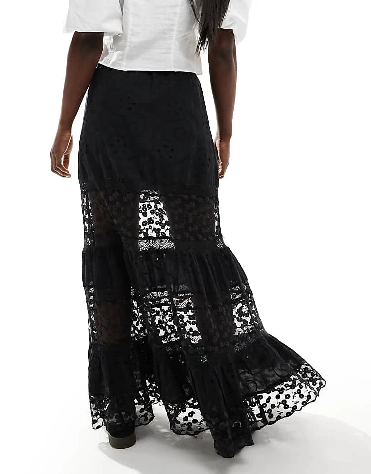 Miss Selfridge Broderie Lace Insert Tiered Prairie Maxi Skirt In Black For Women - Image 2