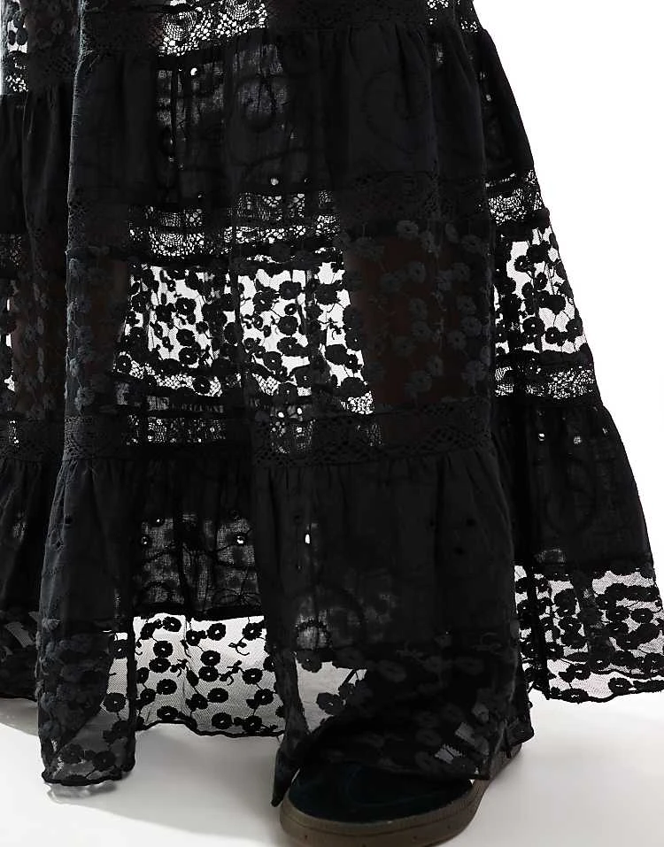 Miss Selfridge Broderie Lace Insert Tiered Prairie Maxi Skirt In Black For Women - Image 4