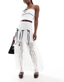 Miss Selfridge Lace Bow Detail Tiered Maxi Skirt In Ivory For Women