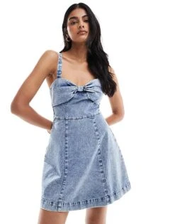 Miss Selfridge Bow Detail Denim Mini Dress In Light Blue For Women Light Blue Wash