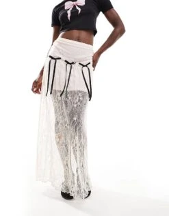 Miss Selfridge Lace Contrast Bow Sheer Maxi Skirt In Pink For Women Light Pink