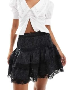 Miss Selfridge Satin Jacquard Lace Insert Mini Prairie Skirt In Black For Women