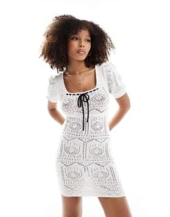 Miss Selfridge Crochet Short Sleeve Knitted Dress With Bow Detail In Cream For Women