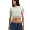 Miss Selfridge Boxy Short Sleeve Crop Top With Lace Hem In Sage For Women