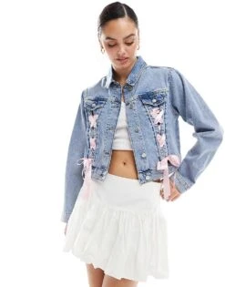 Miss Selfridge Satin Ribbon Tie Detail Denim Girlfriend Jacket In Mid Blue Wash For Women Acid Wash