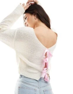 Miss Selfridge Satin Bow Back Knitted Jumper For Women Cream