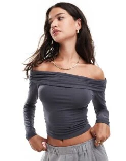 Miss Selfridge Long Sleeve Drape Multi Fit Top In Dark Grey For Women